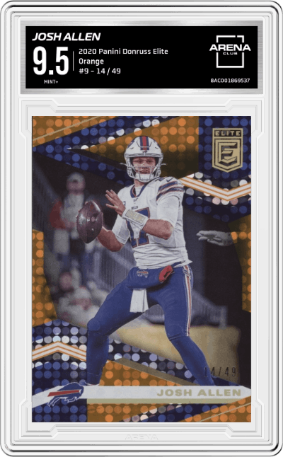Josh Allen from the 2020 Panini Donruss Elite set featuring a Orange parallel graded by Arena Club and given an overall grade of 9.5.