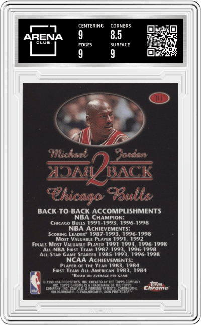 Michael Jordan from the 1998-99 Topps Chrome set graded by Arena Club and given an overall grade of 9.