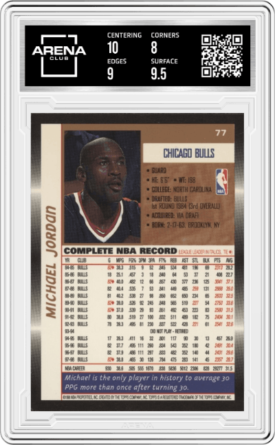 Michael Jordan from the 1998-99 Topps set graded by Arena Club and given an overall grade of 8.5.