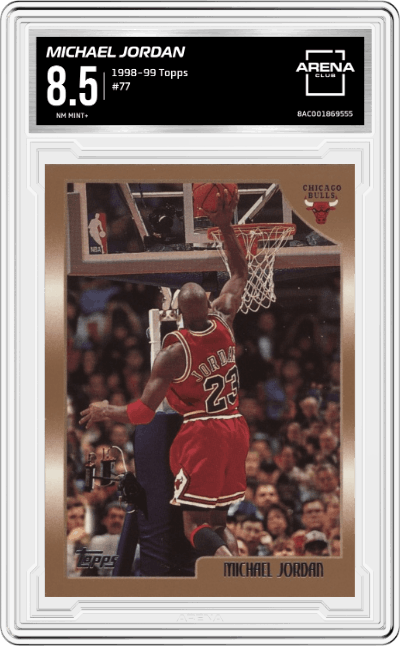 Michael Jordan from the 1998-99 Topps set graded by Arena Club and given an overall grade of 8.5.