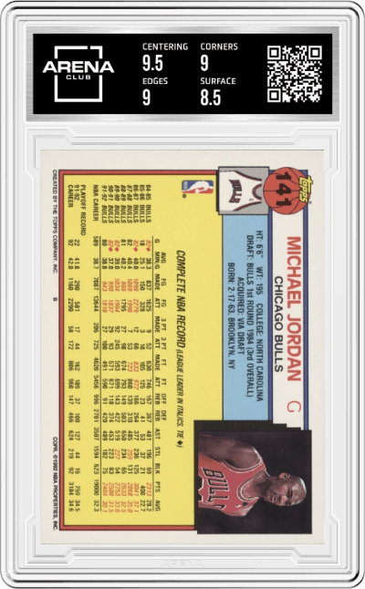 Michael Jordan from the 1992-93 Topps Basketball set graded by Arena Club and given an overall grade of 9.