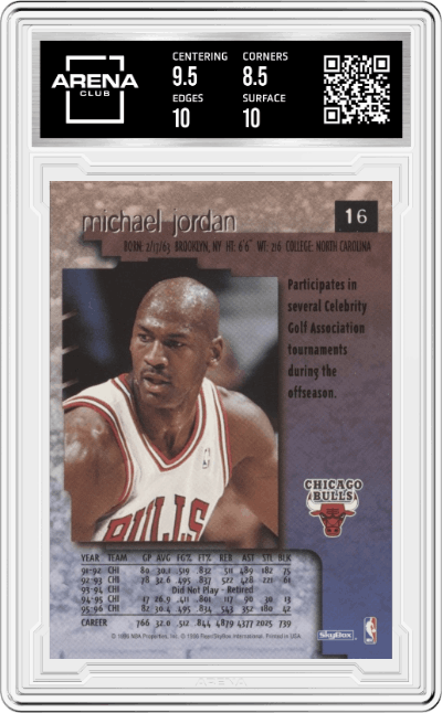 Michael Jordan from the 1996-97 Skybox Premium set graded by Arena Club and given an overall grade of 9.