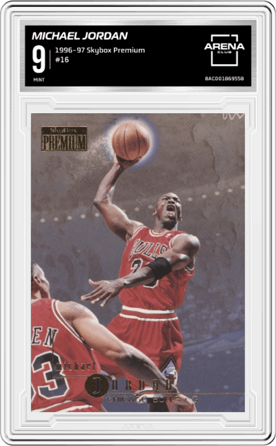 Michael Jordan from the 1996-97 Skybox Premium set graded by Arena Club and given an overall grade of 9.