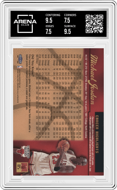 Michael Jordan from the 1998-99 Fleer Ultra set graded by Arena Club and given an overall grade of 8.