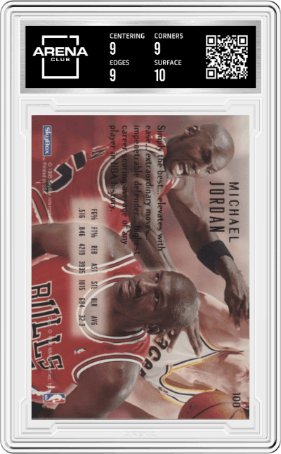 Michael Jordan from the 1994 Skybox Emotion set graded by Arena Club and given an overall grade of 9.5.