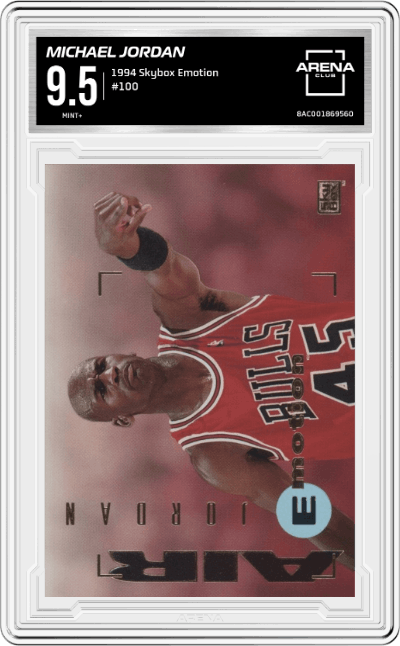 Michael Jordan from the 1994 Skybox Emotion set graded by Arena Club and given an overall grade of 9.5.