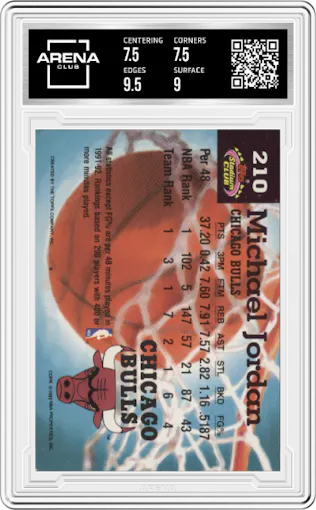 Michael Jordan from the 1992-93 Topps Stadium Club set graded by Arena Club and given an overall grade of 8.
