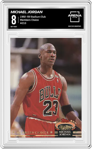 Michael Jordan from the 1992-93 Topps Stadium Club set graded by Arena Club and given an overall grade of 8.