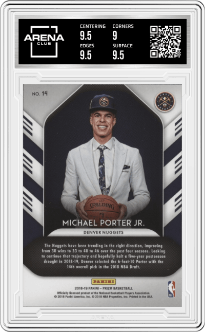 Michael Porter Jr. from the 2018-19 Panini Prizm set graded by Arena Club and given an overall grade of 9.5.