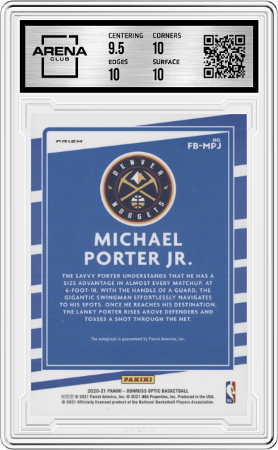 Michael Porter Jr. from the 2020-21 Panini Donruss Optic set graded by Arena Club and given an overall grade of 10.