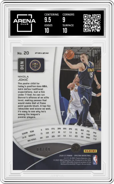 Nikola Jokic from the 2020-21 Panini Spectra Basketball set featuring a Interstellar parallel graded by Arena Club and given an overall grade of 9.5.