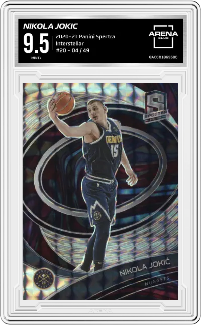 Nikola Jokic from the 2020-21 Panini Spectra Basketball set featuring a Interstellar parallel graded by Arena Club and given an overall grade of 9.5.
