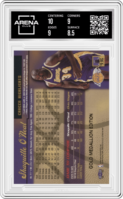 Shaquille O'Neal from the 1998-99 Fleer Ultra set featuring a Gold Medallion parallel graded by Arena Club and given an overall grade of 9.