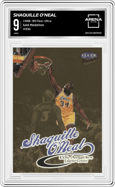 Shaquille O'Neal from the 1998-99 Fleer Ultra set featuring a Gold Medallion parallel graded by Arena Club and given an overall grade of 9.