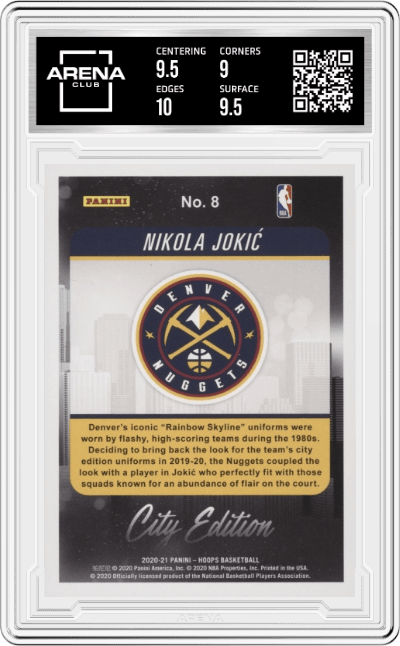 Nikola Jokic from the 2020-21 Panini NBA Hoops Basketball set graded by Arena Club and given an overall grade of 9.5.