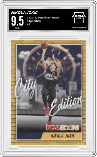 Nikola Jokic from the 2020-21 Panini NBA Hoops Basketball set graded by Arena Club and given an overall grade of 9.5.