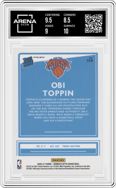 Obi Toppin from the 2020-21 Panini Donruss Optic set featuring a Purple parallel graded by Arena Club and given an overall grade of 9.