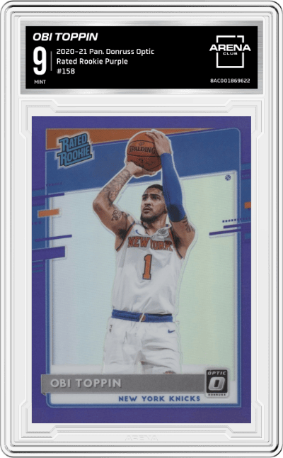 Obi Toppin from the 2020-21 Panini Donruss Optic set featuring a Purple parallel graded by Arena Club and given an overall grade of 9.