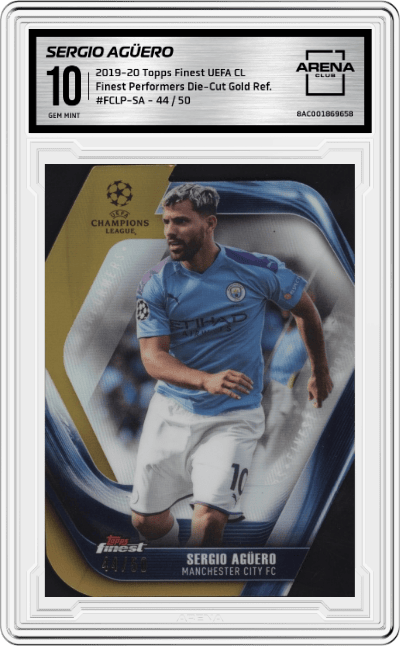 Sergio Agüero from the 2019-20 Topps Finest UEFA Champions League set featuring a Gold Refractor parallel graded by Arena Club and given an overall grade of 10.