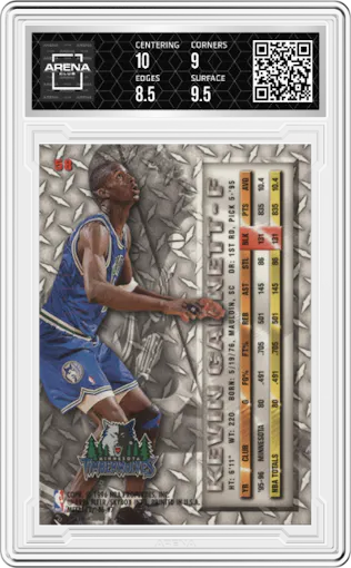 Kevin Garnett from the 1996-97 Fleer Metal  set graded by Arena Club and given an overall grade of 9.