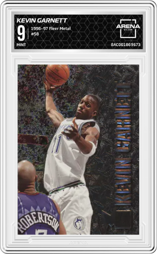 Kevin Garnett from the 1996-97 Fleer Metal  set graded by Arena Club and given an overall grade of 9.