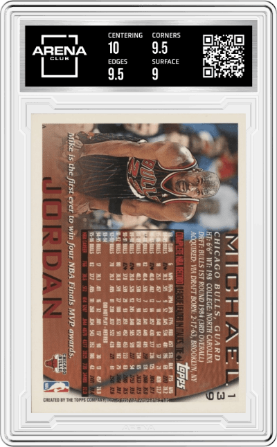 Michael Jordan from the 1996-97 Topps set graded by Arena Club and given an overall grade of 9.5.