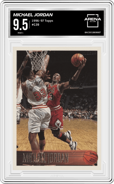 Michael Jordan from the 1996-97 Topps set graded by Arena Club and given an overall grade of 9.5.
