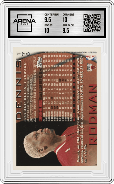 Dennis Rodman from the 1996-97 Topps set graded by Arena Club and given an overall grade of 10.