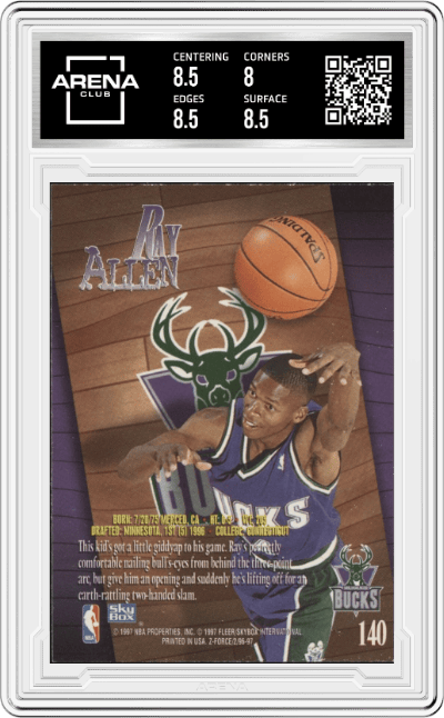 Ray Allen from the 1996-97 Skybox Z-Force set graded by Arena Club and given an overall grade of 8.5.