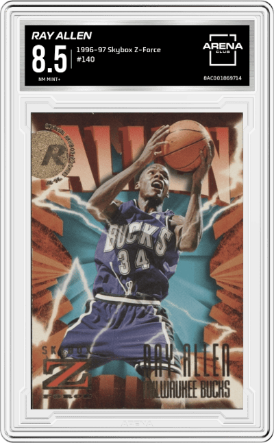 Ray Allen from the 1996-97 Skybox Z-Force set graded by Arena Club and given an overall grade of 8.5.