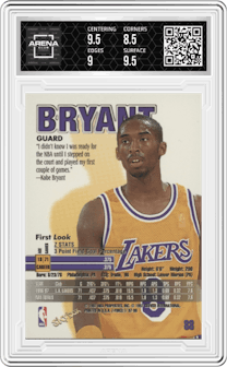 Kobe Bryant from the 1997-98 Skybox Z-Force set graded by Arena Club and given an overall grade of 9.