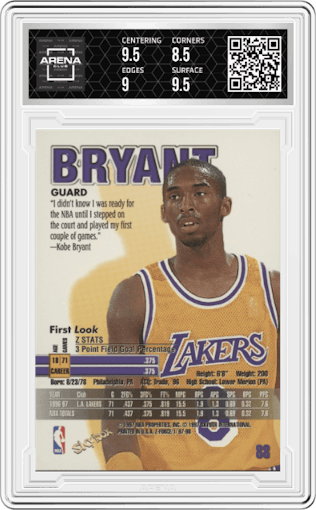 Kobe Bryant from the 1997-98 Skybox Z-Force set graded by Arena Club and given an overall grade of 9.