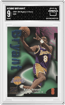 Kobe Bryant from the 1997-98 Skybox Z-Force set graded by Arena Club and given an overall grade of 9.