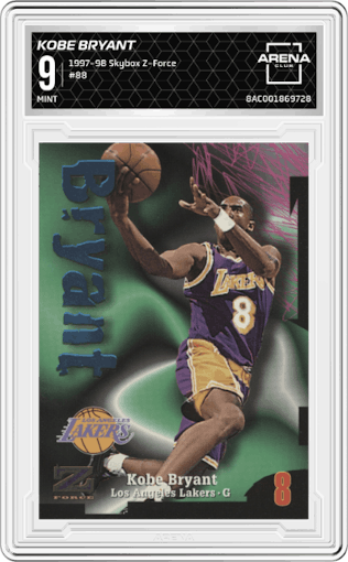 Kobe Bryant from the 1997-98 Skybox Z-Force set graded by Arena Club and given an overall grade of 9.