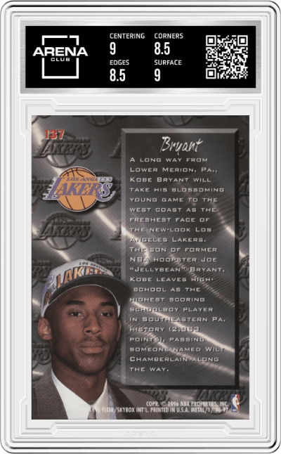 Kobe Bryant from the 1996-97 Fleer Metal  set graded by Arena Club and given an overall grade of 9.