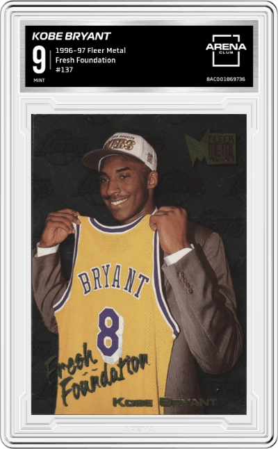 Kobe Bryant from the 1996-97 Fleer Metal  set graded by Arena Club and given an overall grade of 9.