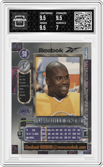 Shaquille O'Neal from the 1997-98 Skybox Metal Universe set graded by Arena Club and given an overall grade of 7.5.
