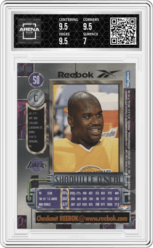 Shaquille O'Neal from the 1997-98 Skybox Metal Universe set graded by Arena Club and given an overall grade of 7.5.