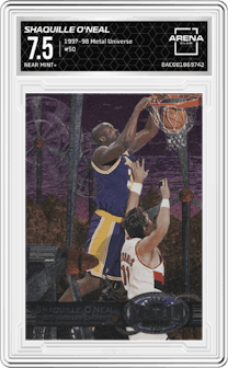 Shaquille O'Neal from the 1997-98 Skybox Metal Universe set graded by Arena Club and given an overall grade of 7.5.