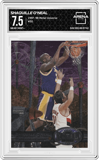 Shaquille O'Neal from the 1997-98 Skybox Metal Universe set graded by Arena Club and given an overall grade of 7.5.