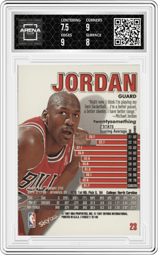 Michael Jordan from the 1997-98 Skybox Z-Force set graded by Arena Club and given an overall grade of 8.