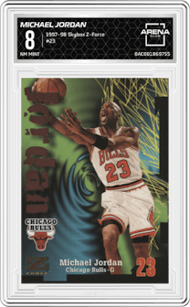 Michael Jordan from the 1997-98 Skybox Z-Force set graded by Arena Club and given an overall grade of 8.