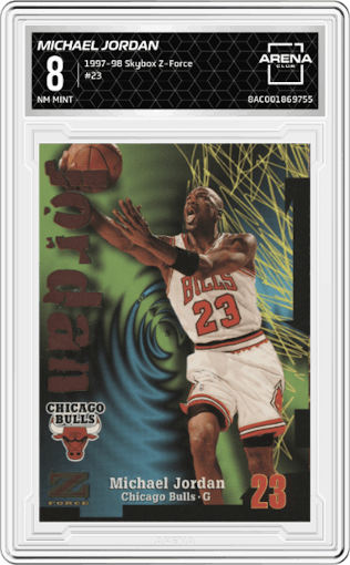 Michael Jordan from the 1997-98 Skybox Z-Force set graded by Arena Club and given an overall grade of 8.