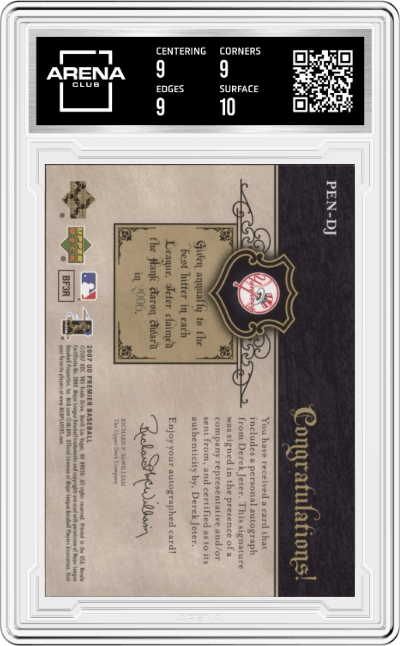 Derek Jeter from the 2007 Upper Deck Premier set graded by Arena Club and given an overall grade of 9.5.