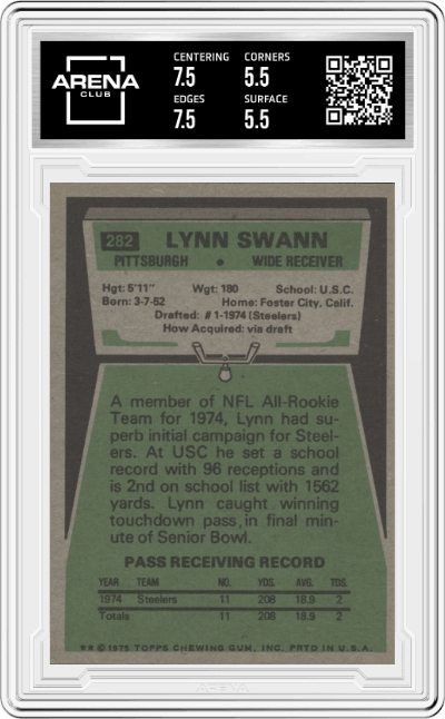 Lynn Swann from the 1975 Topps  set graded by Arena Club and given an overall grade of 6.