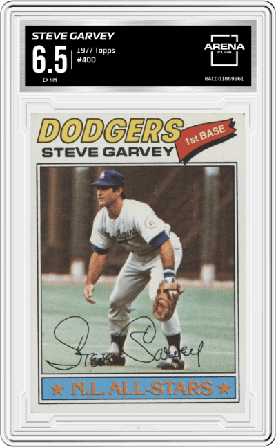 Steve Garvey from the 1977 Topps set graded by Arena Club and given an overall grade of 6.5.