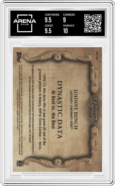 Johnny Bench from the 2021 Topps Dynasty set featuring a Bronze parallel graded by Arena Club and given an overall grade of 9.5.