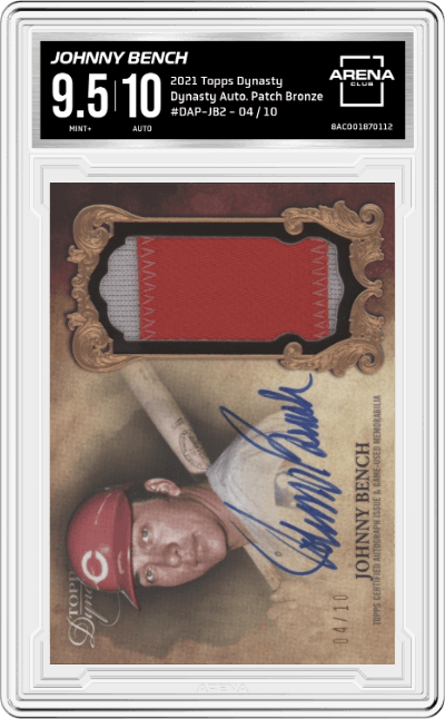 Johnny Bench from the 2021 Topps Dynasty set featuring a Bronze parallel graded by Arena Club and given an overall grade of 9.5.