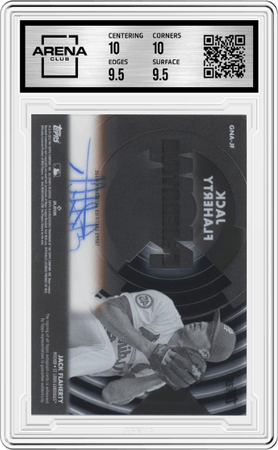 Jack Flaherty from the 2022 Topps Clearly Authentic set featuring a Black parallel graded by Arena Club and given an overall grade of 10.