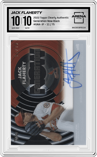 Jack Flaherty from the 2022 Topps Clearly Authentic set featuring a Black parallel graded by Arena Club and given an overall grade of 10.